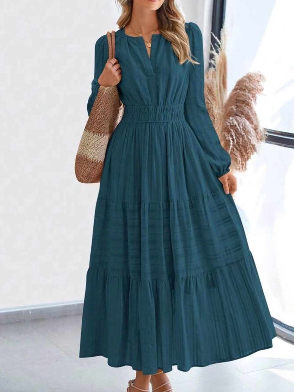 Blue Long Sleeve Tiered Midi Dress - Unbranded